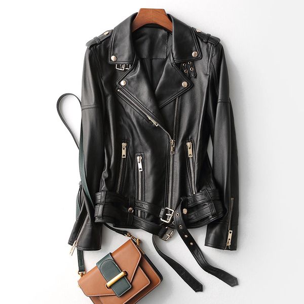

2020 enw spring fall genuine leather jacket women casual fashion long sleeve zippers elegant turn-down collar coat sheepskin, Black;brown