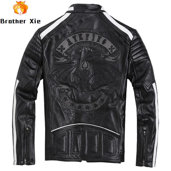 

2020 мужская винтажная куртка из натуральной кожи череп вышивка натуральная воловья кожа куртки черный мотоцикл кожаное пальто для мужчин, Black