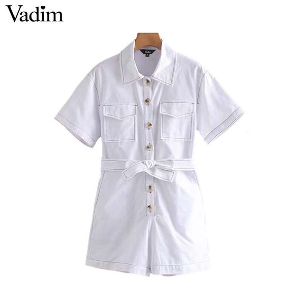 

vadim women stylish turn down collar playsuits pockets buttons design bow tie sashes rompers female casual chic jumpsuits ka991, Black;white