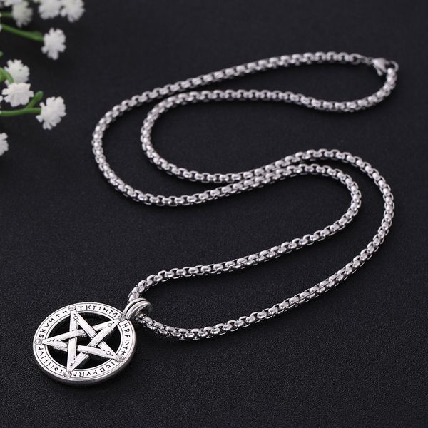 

skyrim antique silver pentagram round amulet pendant necklace stainless steel chain wiccan viking runes necklaces for women men