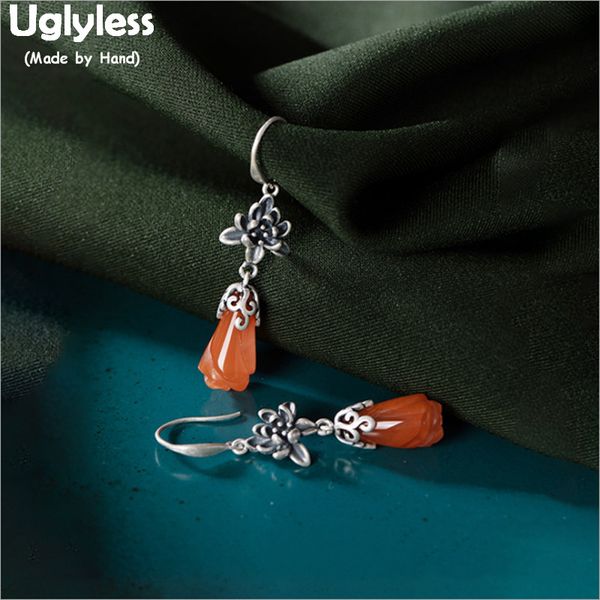 

uglyless thai silver lotus earrings for women natural agate flower earrings real 925 sterling silver brincos fine jewelry e1749, Golden;silver
