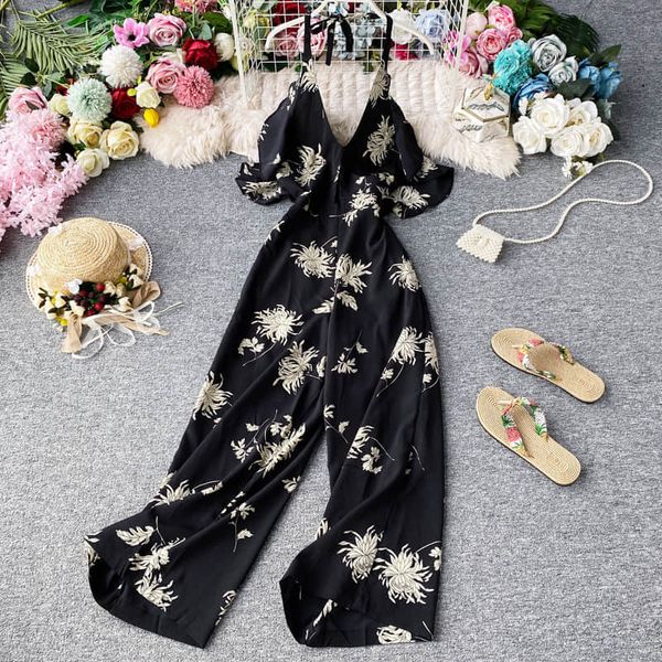 

spaghetti strap woman jumpsuit romper 2020 elegant floral beach women bodysuits loose summer overalls for women, Black;white