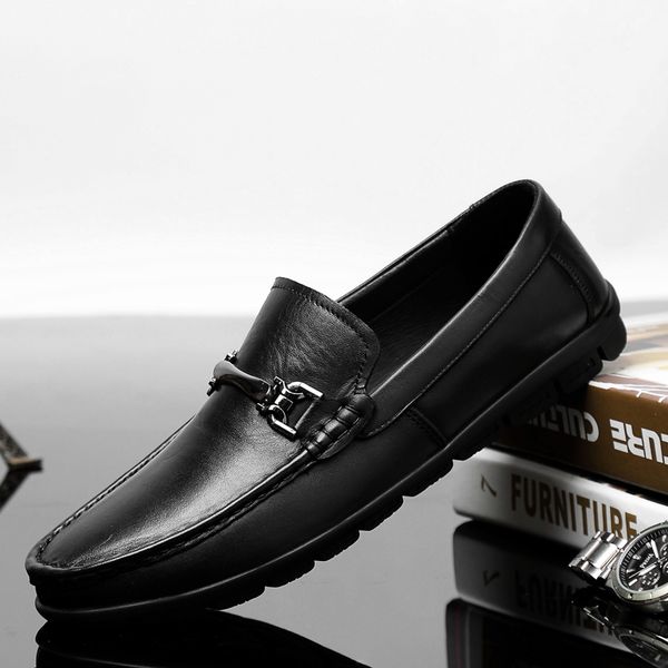 

men casual shoes outdoor genuine leather loafers men slip on fashion moccasins breathable italian boat shoes, Black