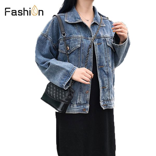 

solid turn-down collar jean jacket for women loose casual blue fashionable women coats female outwear denim jackets feminine, Black;brown