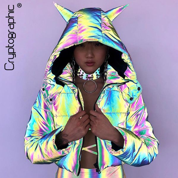 

cryptographic fashion women's down jacket holographic hoodie long sleeve zipper cropped coat winter coats women's parka 2019 new, Black