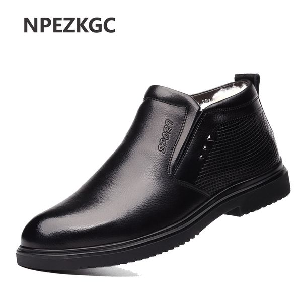 

genuine leather ankle boots for male botas plush men boots warm winter shoes with fur fashion, Black
