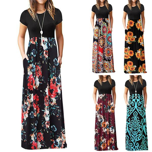 

women elegant dress 2019 summer boho floral stripe short sleeve o neck maxi long shift dresses office lady work dress plus size, Black;gray