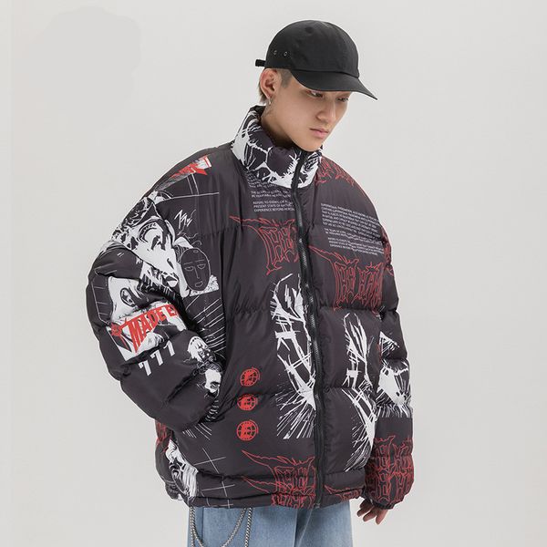 

hip hop jacket parka japanese cartoon graffiti streetwear men windbreaker harajuku winter padded jacket coat warm outwear, Black