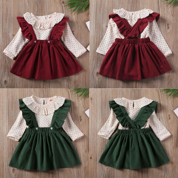 

3-24m 2pcs toddler baby girl ruffles dotted romper strap suspender dress cotton newborn baby clothes skirt, Red;yellow