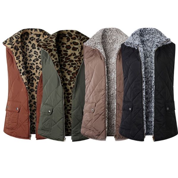 

women winter two-way fluffy reversible windproof sleeveless outwear vest coat thicken warm pockets zipper up waistcoat jacket, Black;white