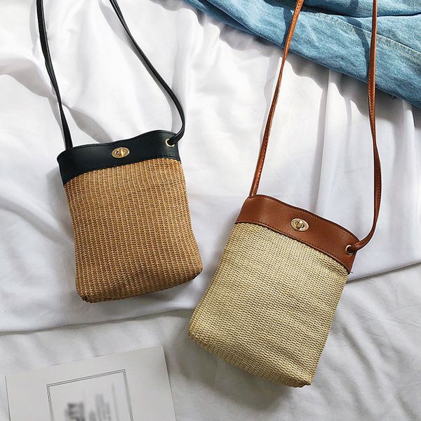 

fashion bucket bag turn lock women's crossbody bags beach handbag weave portable shoulder messenger bag with detachable strap