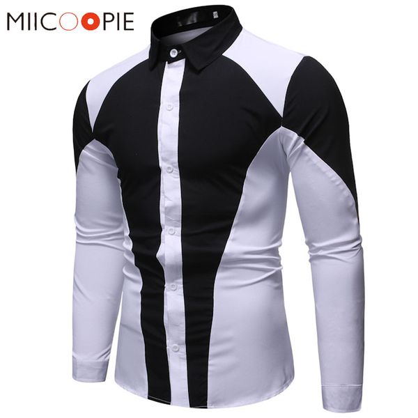 

black and white stitching men shirt new brand long sleeve formal camisa masculina vintage business turn down collar dress shirt, White;black
