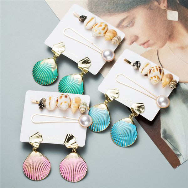 

1set colorful alloy shell conch hair pins imitiation pearl hair clip summer beach accessories hairpins