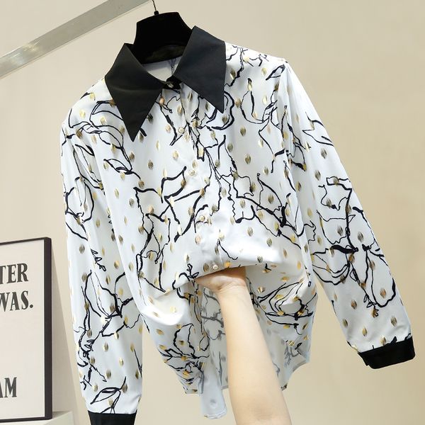 

нерегулярные блузки женщины ретро печати шаблон бронзовый лацкан рубашки мода свободные однобортные блузки топы офис леди топ, White