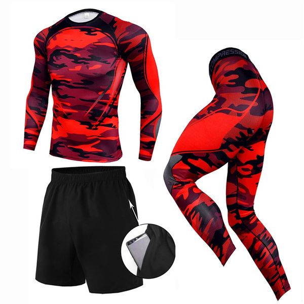 

men's 3 piece set of 2 trends new compression men's tights set quick-drying jogging shirt + pants + shorts fitness tight, Black;blue