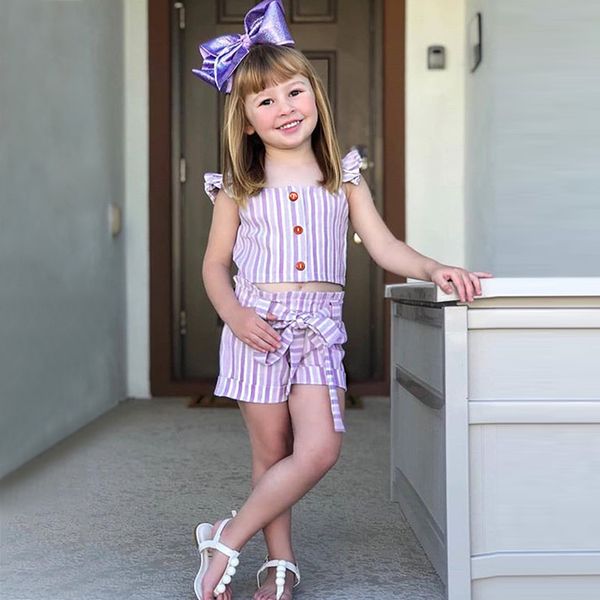 

одежда для малышей roupa infantil для малышей полосатый топ с ремешками и бантиками шорты 2шт. наборы нарядов vetement enfant fille k20, White