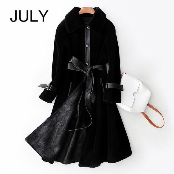 

july women's 100% pure wool leather coat black 2019 new wool fur coat long section with a slim self-service commuter warm jacket