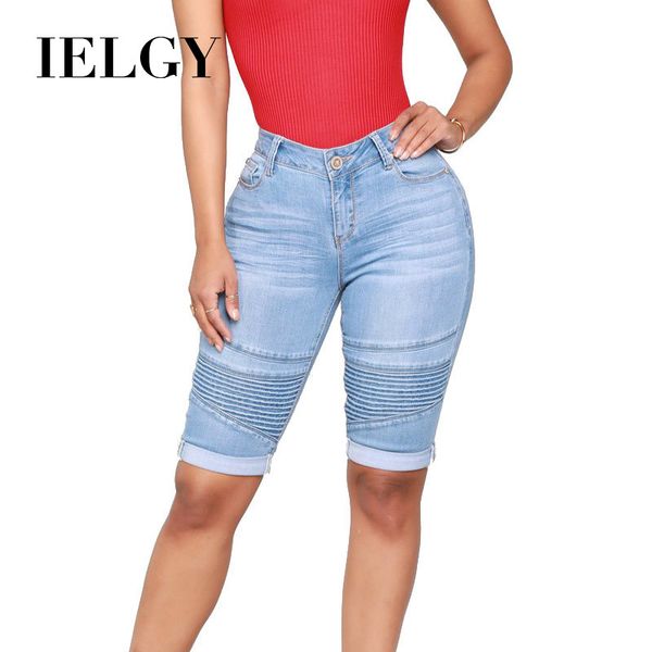 

ielgy women's motorcycle stretch denim shorts classic blue jeans