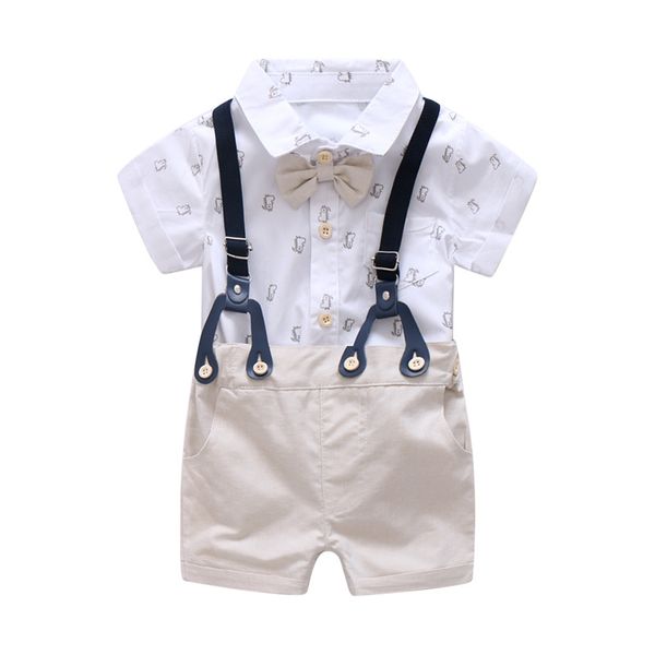 

0-24m newborn baby boy clothes set formal suit for toddler clothes set short sleeve romper+khaki shorts boys overalls suit, White