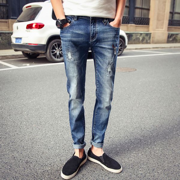 

spring and autumn jeans men's new street trends broken cotton jeans worn, worn, washed, cats, feet, casual trousers, Blue