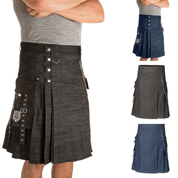 

mens vintage kilt scotland gothic fashion kendo denim skirt scottish clothing fashion pants for party, Black