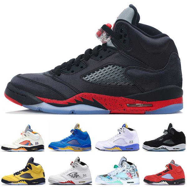 

5 satin bred laney varsity royal blue psg oreo cny men basketball shoes 5s white cement wings michigan mens trainers sports sneakers, White;red