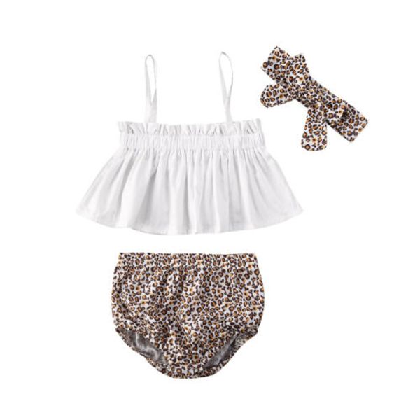 

0-24е малыши baby girl одежда наборы плеча жилет слинг топы leopard шорты оголовье 3шт костюмы одежда set, White