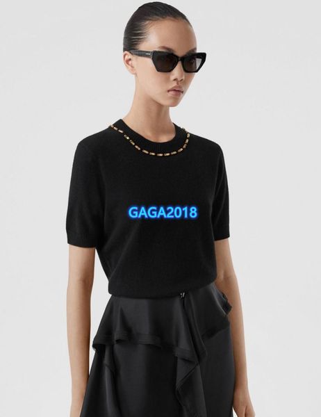 

high end женщины девушки кашемир вязать футболка бисероплетение кристалл круглый вырез короткие рукава блузка рубашка шерстяной тройник модн, White