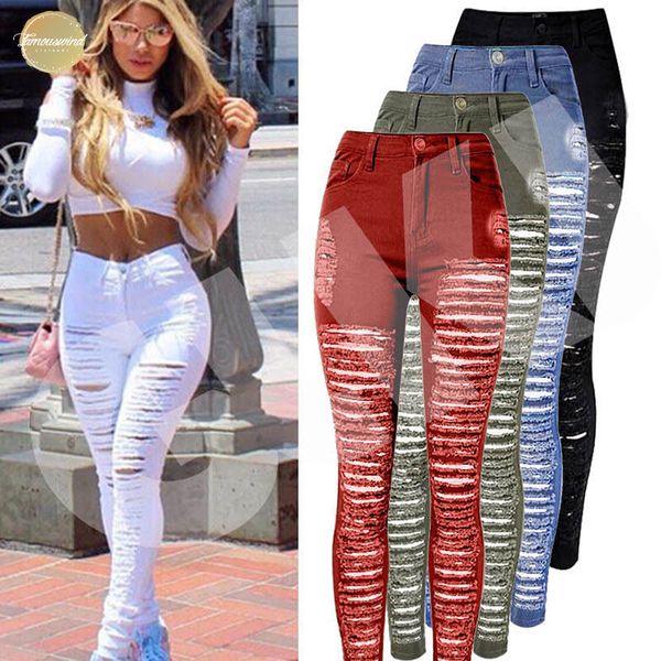 

women destroyed ripped denim jeans skinny hole pants high waist stretch jeans slim pencil trousers zipper white black blue