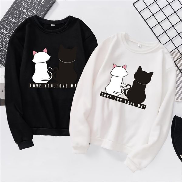 

sweatshirt men women love cat printed couple clothes autumn spring regular long sleeve loose casual o-neck pullover moletom new, Black