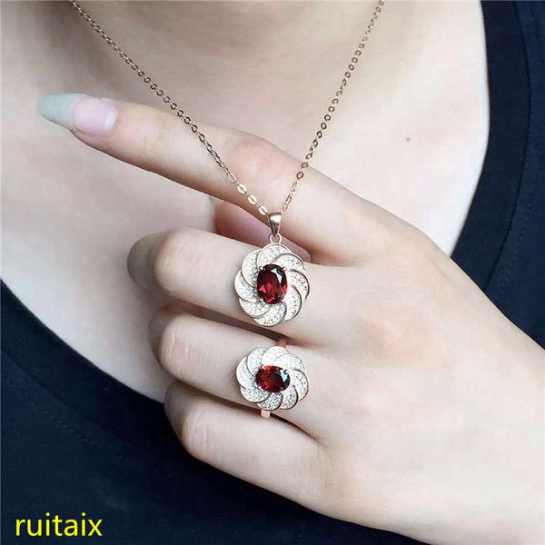 

kjjeaxcmy boutique jewels 925 pure silver inlaid with natural plum flower garnet necklace pendant ring 2 pieces of jewelry, Black