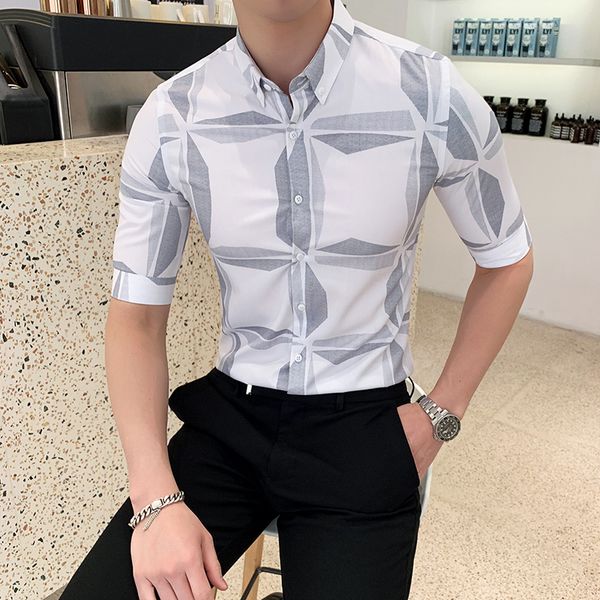 

british style summer men shirt digital print casual shirt men half sleeve slim fit mens dress shirts business formal wear 3xl, White;black