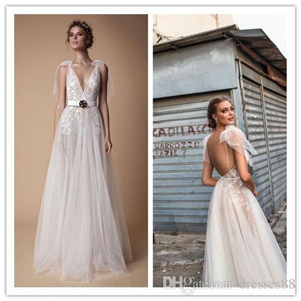 

berta 2019 elegant lace wedding dresses backless v neckline illusion bodice floor length open back bridal gowns, White