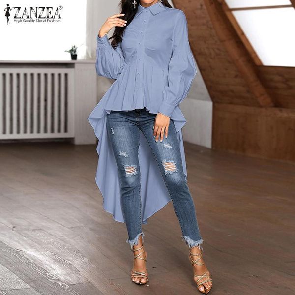 

plus size women's irregular blouse zanzea elegant puff sleeve shirts spring casual button slim blusas female lapel tunic, White