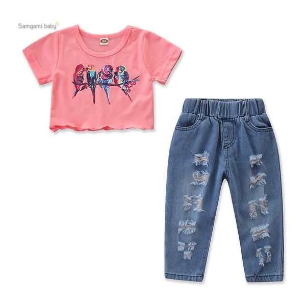 

2020 summer girl suit cute pink bird + ripped jeans, White