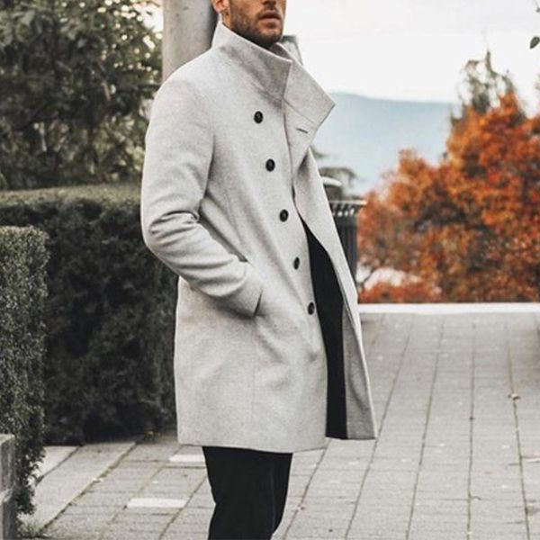 

men long sleeve loose buttons trench jacket outwear winter warm overcoat, Black