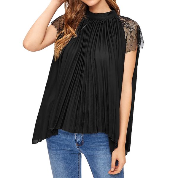 

women's small shirt summer western fashion lace stitching pleated loose chiffon shirt short sleeve blouse solid color *, White