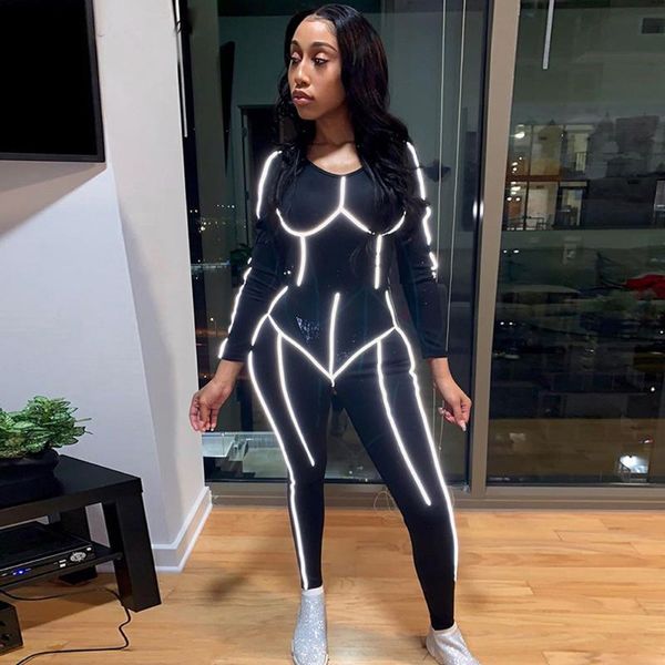 

new reflective jumpsuit outfits women clothes round neck long sleeve romper ladies overalls playsuit casual female trousers, Black;white