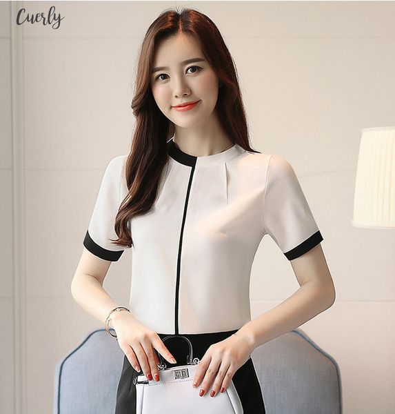

office ladies blouse 2020 korean style elegant white chiffon shirt patchwork stand neck overalls work plus size clothing