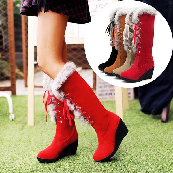 

women's snow boots winter wedges knee high bootie footwear warm shoes, Black