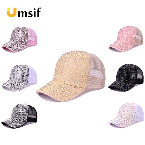 

new fashion women rhinestone hip hop baseball cap female diamond hat adjustable baseball caps breathable gold cap, Blue;gray