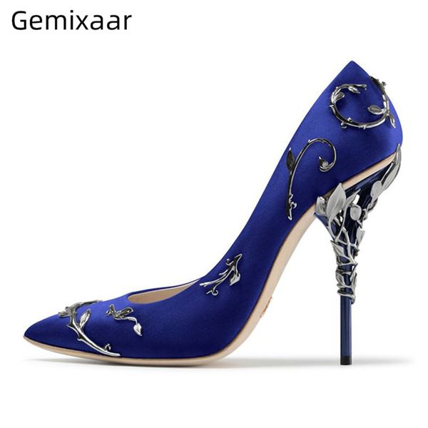 

satin high heel pumps women pointed toe thin heel with metal leaf vines decor slip-on dress shoes woman, Black
