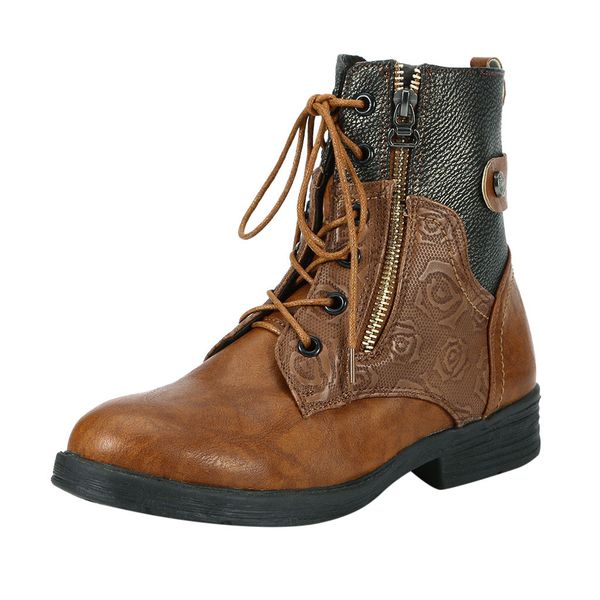 

women's rose printing lace-up short-sleeve booties ladies warm zipper mid calf ankle boots outdoor thick heel shoes booties, Black