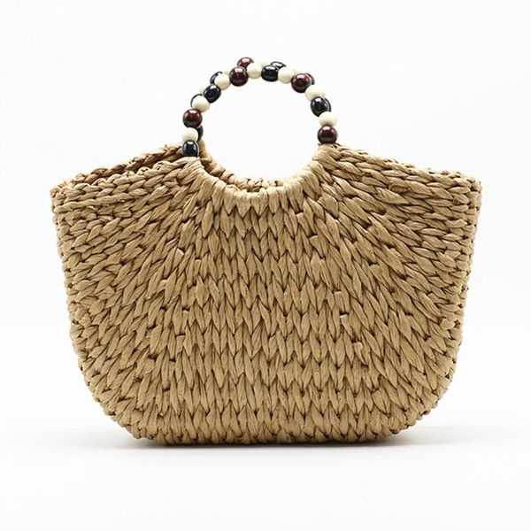 

beach straw bag women large hand-woven purse summer rattan handle tote handbag with beaded handle
