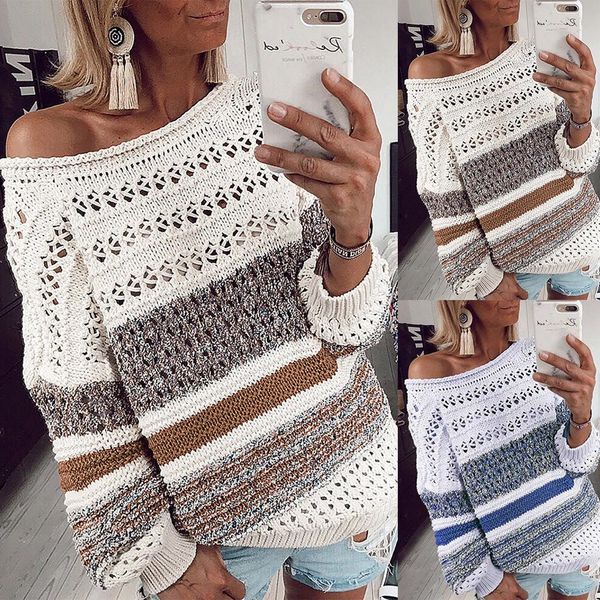 

women sweater pullover pull femme fashion stripe knitted o-neck hollow out long sleeve sweater sweaters women invierno 2019, White;black