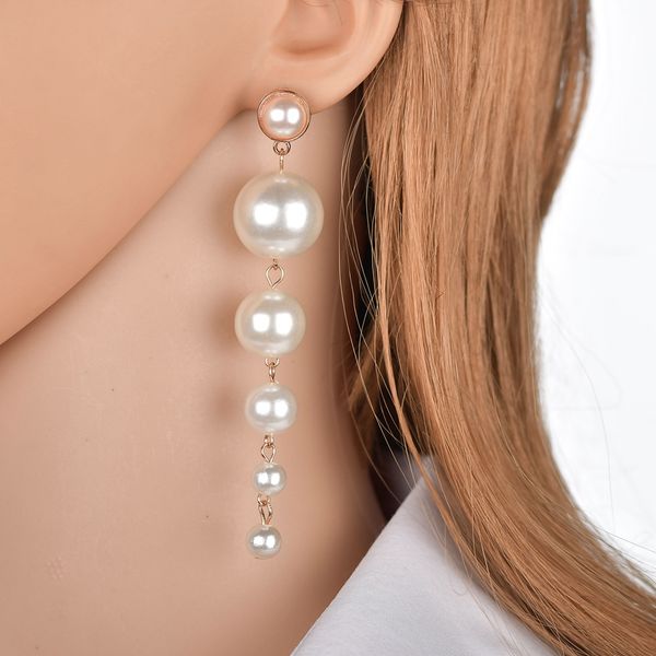 

trendy elegant created big simulated pearl long earrings pearls string statement drop earrings for wedding party gift for girls, Silver