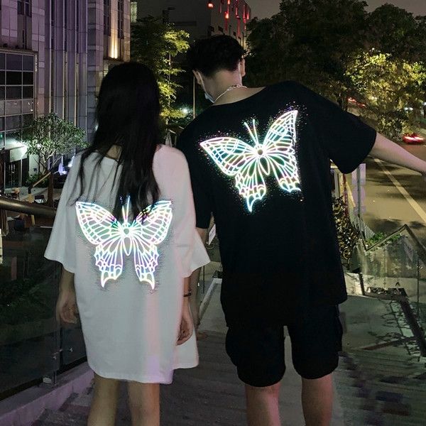 

swkrq ins super fire back diamond luminous butterfly reflective design t-shirt women's loose short-sleeved clothes luminous butterfly g, White