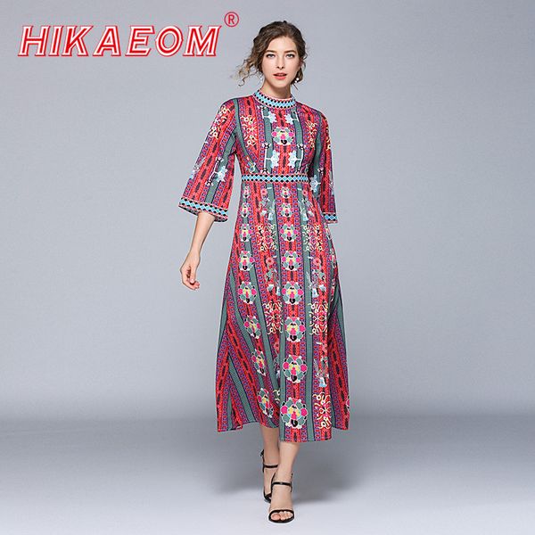 

2019 new arrival spring summer women a-line retro dress high waist print loose sleeve vestidos long sleeve vintage dresses women, Black;gray