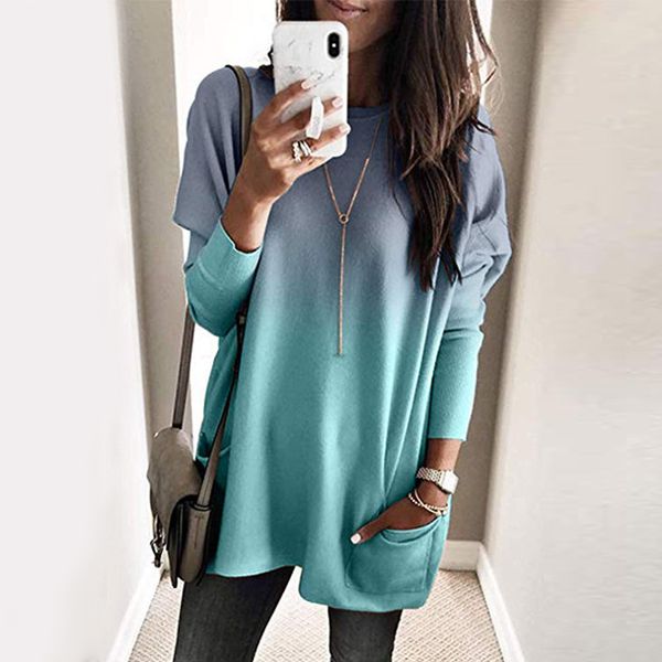 

fashion o-neck long sleeve gradient color loose casual dress women 2019 autumn pocket long plus size ladies dresses, Black;gray