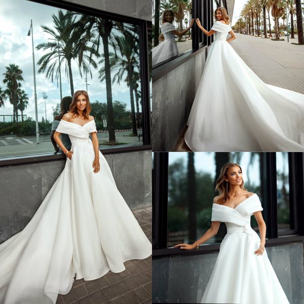 

2020 garden beach wedding dresses with pocket a line satin sweep train boho wedding dress off the shoulder custom made abiti da sposa, White